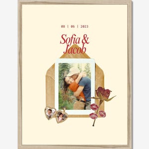 Póster de aniversario de recuerdo para novios y novias, plantilla de regalo personalizada, carta, rosa, sobre, lienzo, descarga digital, arte mural.