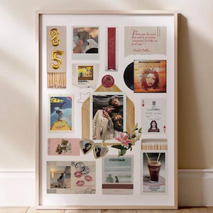May include: A framed collage with photographs, postcards, and keepsakes. It includes a vinyl record, a Coca-Cola glass, and a photo of a couple. The color palette is neutral with accents of red and pink.