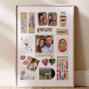 Puede incluir: Un collage enmarcado con fotografías, postales y elementos decorativos. Incluye fotos personales, una ilustración del Big Ben y el texto "in the morning, closer to you". La paleta de colores es neutra con toques de rojo.