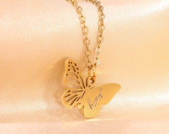 Engraved Butterfly Necklace, Name Necklace, Initial Necklace | Handmade Jewelry