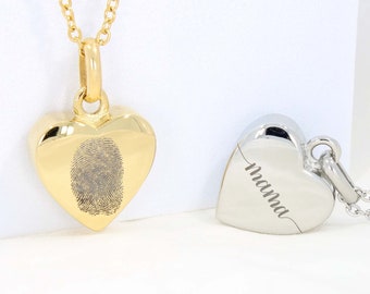 Collar de urna con forma de corazón con huella dactilar personalizada, joyería de cremación de acero inoxidable