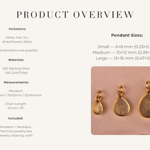 May include: Product overview image showing three gold-filled teardrop pendants of varying sizes: 0.23x0.31 inches, 0.39x0.47 inches, and 0.47x0.62 inches. The image also includes text detailing inclusions, materials, and measurements, including a 18-inch chain.