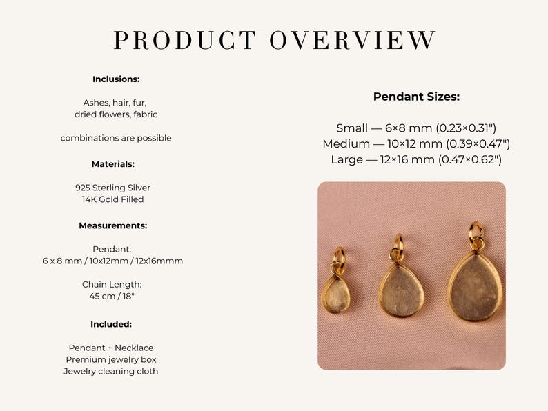 May include: Product overview image showing three gold-filled teardrop pendants of varying sizes: 0.23x0.31 inches, 0.39x0.47 inches, and 0.47x0.62 inches. The image also includes text detailing inclusions, materials, and measurements, including a 18-inch chain.