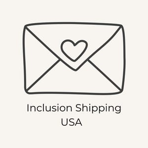 May include: A simple line drawing of an envelope with a heart in the center. The text "Inclusion Shipping USA" is below the envelope. The image is in black and white on a cream background.