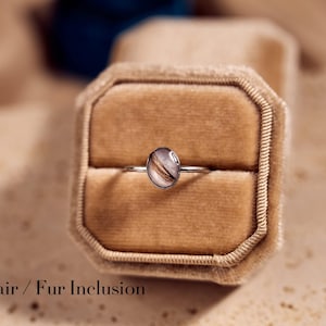 May include: A silver ring with an oval-shaped, clear resin stone containing strands of brown and white hair or fur. The ring is displayed in a velvet ring box. The text "Hair / Fur Inclusion" is at the bottom of the image.