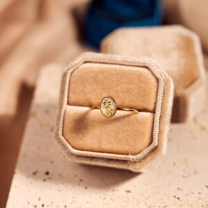 May include: A gold ring with an oval-shaped, clear resin setting containing gold flakes, displayed in a beige velvet ring box. The ring has a thin gold band and is set against a neutral background.
