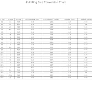 May include: A full ring size conversion chart with US, UK, and EU sizes, along with corresponding measurements in millimeters and inches for circumference and diameter. The chart includes sizes from 4.0 to 15.0.