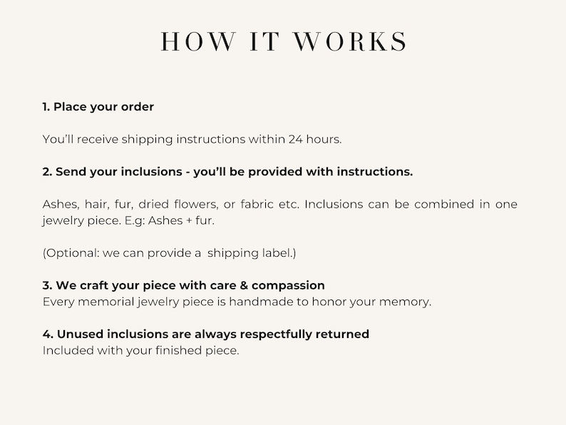 May include: Cream-colored graphic with the text "HOW IT WORKS" at the top. The text describes the process of ordering memorial jewelry, including sending inclusions like ashes or hair, and the return of unused materials.