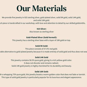 May include: A text-based graphic explaining the different types of metals used in jewelry making. The graphic lists 925 silver, gold-plated silver, solid 9K gold, solid 14K gold, and solid 18K gold. Each metal is described with its percentage of real gold and its characteristics.
