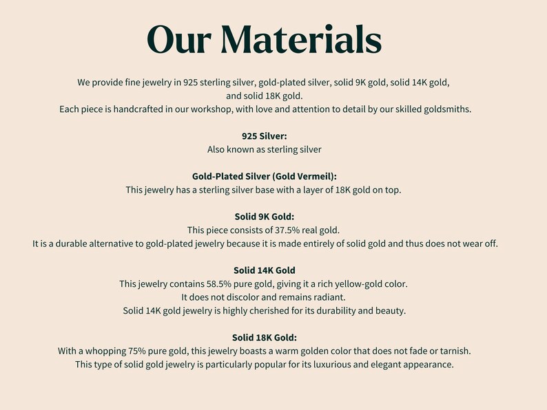 May include: A text-based graphic explaining the different types of metals used in jewelry making. The graphic lists 925 silver, gold-plated silver, solid 9K gold, solid 14K gold, and solid 18K gold. Each metal is described with its percentage of real gold and its characteristics.