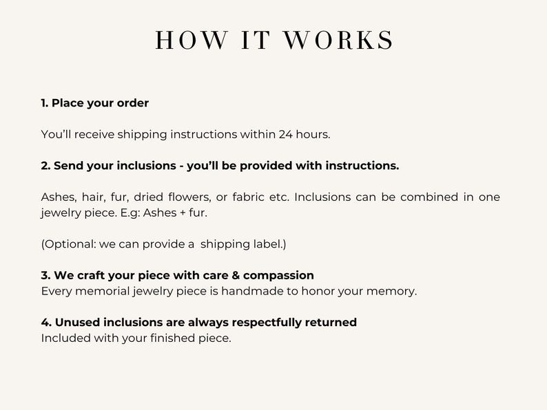 May include: Cream-colored graphic with the text "HOW IT WORKS" at the top. The text describes the process of ordering memorial jewelry, including sending inclusions like ashes or hair, and the return of unused materials.