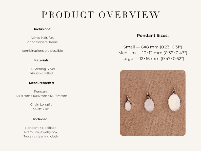 May include: Product overview image showing three oval pendants in different sizes. The pendants are made of 925 sterling silver and 14K gold fill. The small pendant is 0.23 x 0.31 inches, medium is 0.39 x 0.47 inches, and large is 0.47 x 0.62 inches.