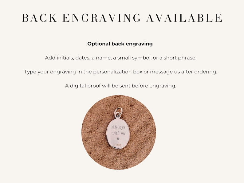 May include: Image shows a silver oval pendant with the words "Always with me" engraved on it, along with a small heart symbol. The pendant hangs from a small loop. Text above reads "Back Engraving Available" and describes engraving options.