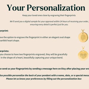 May include: A guide to personalizing a pendant with fingerprints. The text explains that you can engrave one or two fingerprints in either an oval or heart shape. It also mentions that you can personalize the back of the pendant with a name, date, or a special message.