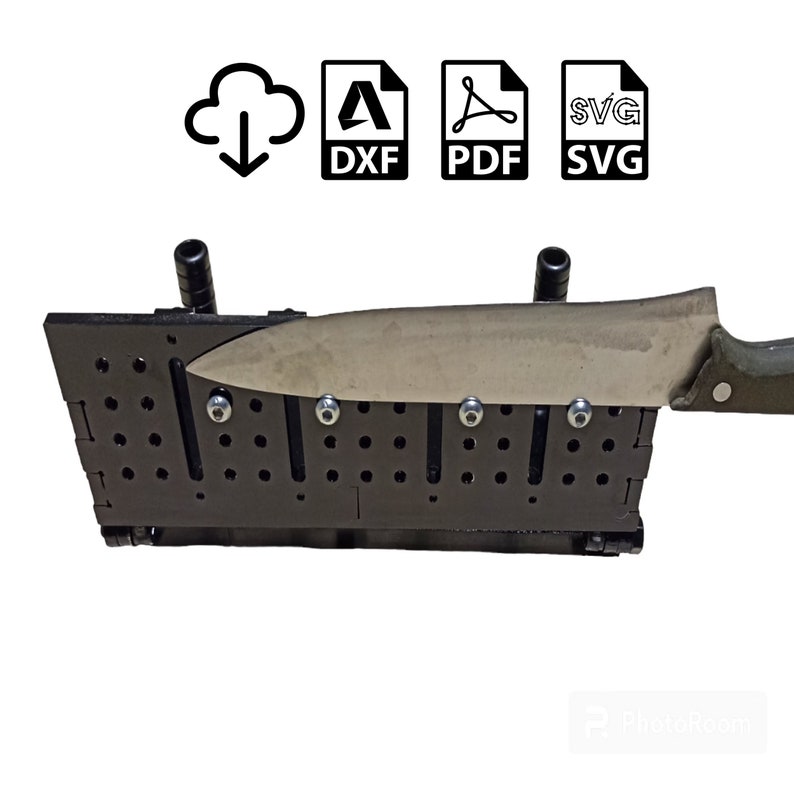 May include: A black knife sharpening jig with a knife in place. The jig has multiple holes and slots, with a download icon and file type icons for DXF, PDF, and SVG.