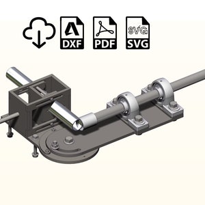 Puede incluir: Una herramienta de doblado de tuberías de metal con un brazo giratorio y un brazo fijo. La herramienta está diseñada para doblar tuberías hasta 90 grados.