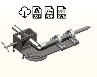 May include: A metal pipe bending tool with a rotating arm and a fixed arm. The tool is designed to bend pipes up to 90 degrees.