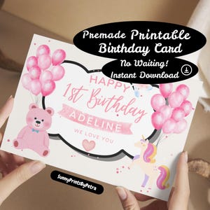 Colorful Digital Birthday Card for Girls, Unicorn Balloons Teddy Bear Pink, Instant Download Printable Birthday Card,Cute Kids Birthday Card
