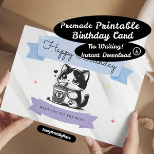 Carte d'anniversaire chat noir et blanc numérique | Salutations chat mignon | Téléchargement imprimable | Illustration claire et nette | Canva modifiable