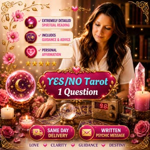 Op de afbeelding: Een afbeelding die een spirituele leesservice promoot. Het toont een vrouw, tarotkaarten, kristallen, kaarsen en een kristallen bol. Tekst bevat "YES/NO Tarot 1 Question", "Same Day Delivery" en "Written Psychic Message".