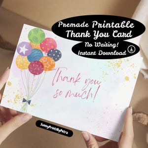 Colorful Digital Thank You Birthday Card, Instant Download Printable, Balloon Thank You Card, Premade Thank You Card, Editable Digital Card