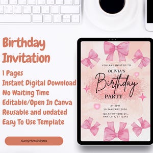 Geburtstagskarte mit rosa Schleife | Bunte Partyeinladung | Bearbeitbare Einladungsvorlage | Digitale Geburtstagskarte | Niedliches druckbares Canva-Design