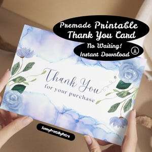 White Blue Floral Thank You Card Digital | Editable Canva PDF | Watercolor Business Card | Instant Printable Download | Small Business Gift