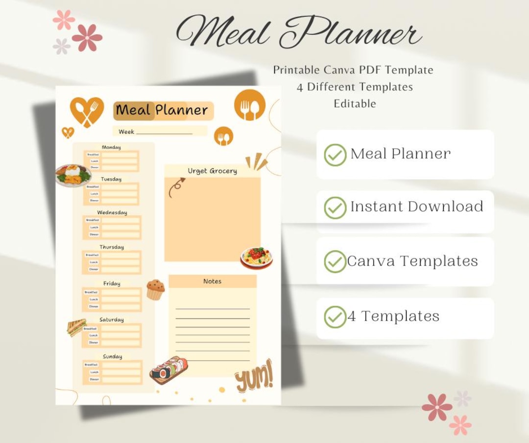 Editable 4-page Meal Planner | Canva DIY Template | Weekly Food ...