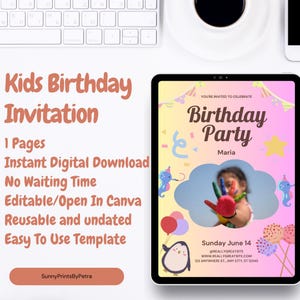 convite de festa personalizadoConvite de aniversário infantil | Tema retrô colorido | Editável no Canva | Download digital |  Modelo de convite de aniversário incrível