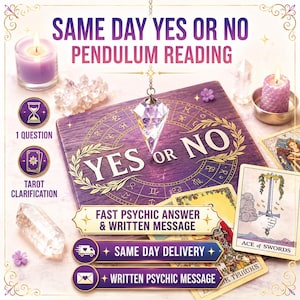 Op de afbeelding: Een afbeelding die een ja-of-nee-pendellezing op dezelfde dag promoot. De afbeelding toont een paars houten bord met de woorden "YES OR NO" en astrologische symbolen. Een kristallen pendel hangt boven het bord. Tarotleggingen, kaarsen en kristallen zijn ook aanwezig.