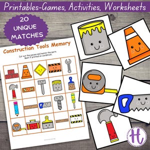 Juego de memoria de herramientas de construcción para niños, juego de cartas de combinación para jardín de infantes, juego de memoria imprimible