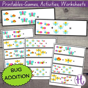 Bug Addition Worksheet number 1 to 10, preschool math, kindergarten counting activity, insect math sheets