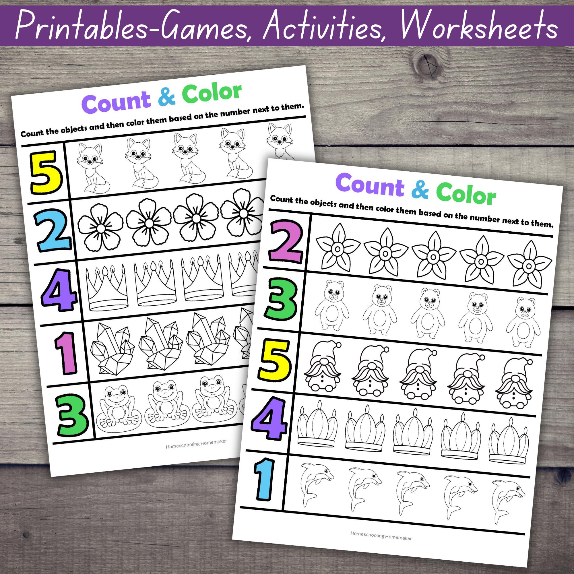Count and Color Activity Worksheets: Preschool Toddler Printable (PDF