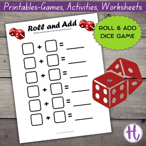 Feuille d&#39;exercices mathématiques pour enfants, maternelle, primaire, addition avec des dés, jeu de mathématiques amusant