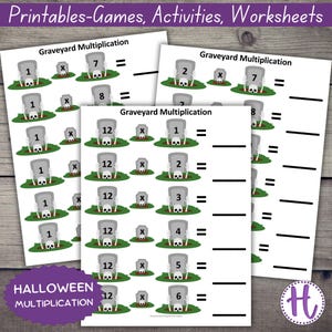 May include: A printable Halloween multiplication worksheet with a graveyard theme. The worksheet features tombstones with numbers on them and multiplication problems to solve. The text "Graveyard Multiplication" and "Halloween Multiplication" is included on the worksheet.