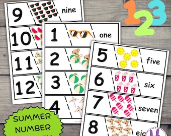 Könnte beinhalten: Ein Satz druckbarer Sommer-Nummern-Matching-Karten. Jede Karte zeigt eine Zahl von 1 bis 12, ein entsprechendes Wort und eine Reihe von sommerlichen Bildern. Die Karten sind für Kinder konzipiert, um die Zahlen- und Zählkenntnisse zu lernen.