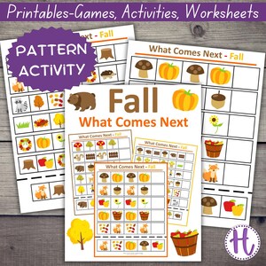 May include: A printable worksheet with an autumn theme. The worksheet has a title that says "Fall What Comes Next". The worksheet has several different patterns of autumn-themed images, such as pumpkins, acorns, mushrooms, and foxes. The worksheet is designed to help children learn about patterns.