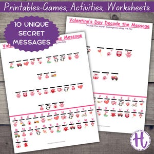 May include: Printable Valentine's Day activity sheets with 10 unique secret messages to decode. Each message is represented by a row of colourful icons, and the key to decode the message is a chart with the alphabet and corresponding icons.