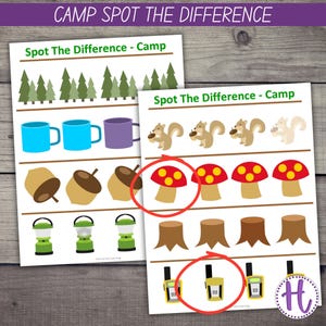 May include: Two "Spot the Difference - Camp" activity sheets on a wooden surface. The sheets feature illustrations of camping-themed items like mugs, acorns, lanterns, and mushrooms. The text "CAMP SPOT THE DIFFERENCE" is at the top.