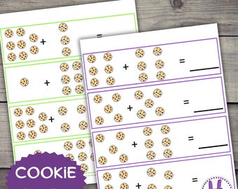 以下が含まれることがあります： 子供たちが足し算を練習するための、クッキーをテーマにした印刷可能なワークシートです。ワークシートには、さまざまなトッピングが施されたカラフルなクッキーが描かれており、子供たちはクッキーを数えて足し算をするように求められます。ワークシートのタイトルは「Cookie Math」です。
