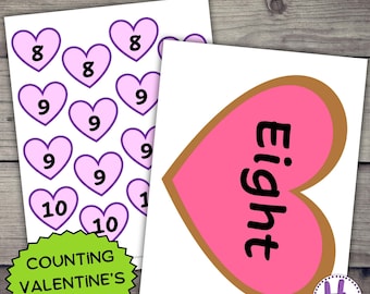 Pode incluir: Uma atividade de contagem imprimível para o Dia dos Namorados com corações rosa com os números 8, 9 e 10. A atividade inclui um coração imprimível separado com a palavra "Oito" escrita nele.