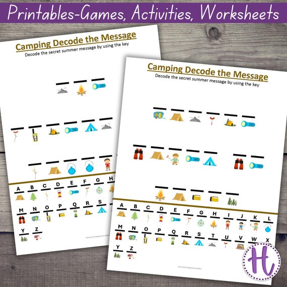 Camping Secret Message Decode Pages: Kids Learning Worksheet Activity (PDF)