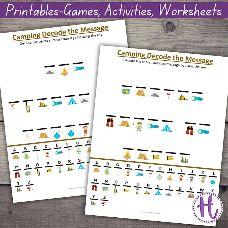 Camping Secret Message Decode Pages: Kids Learning Worksheet Activity (PDF) image 1