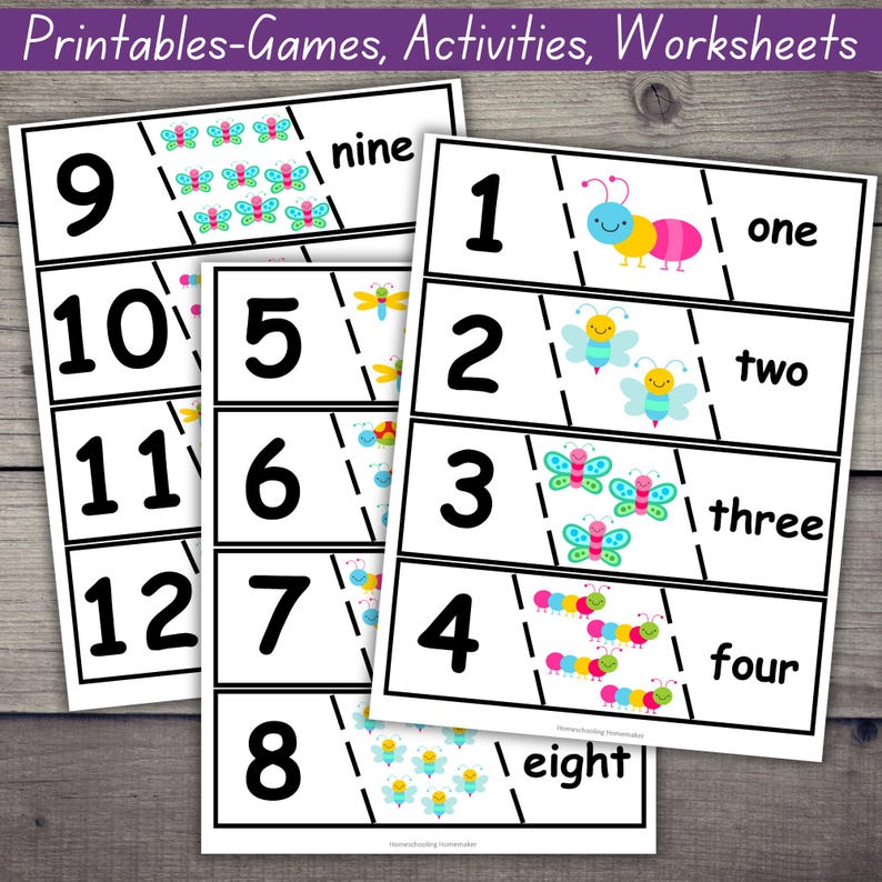 Counting and Number Word Matching Puzzle Cards for Kids, Bug Matching ...