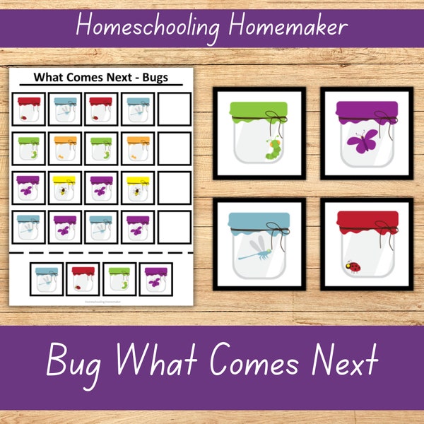 Bug what comes next, sequencing activity for preschool, kindergarten pattern recognition worksheets