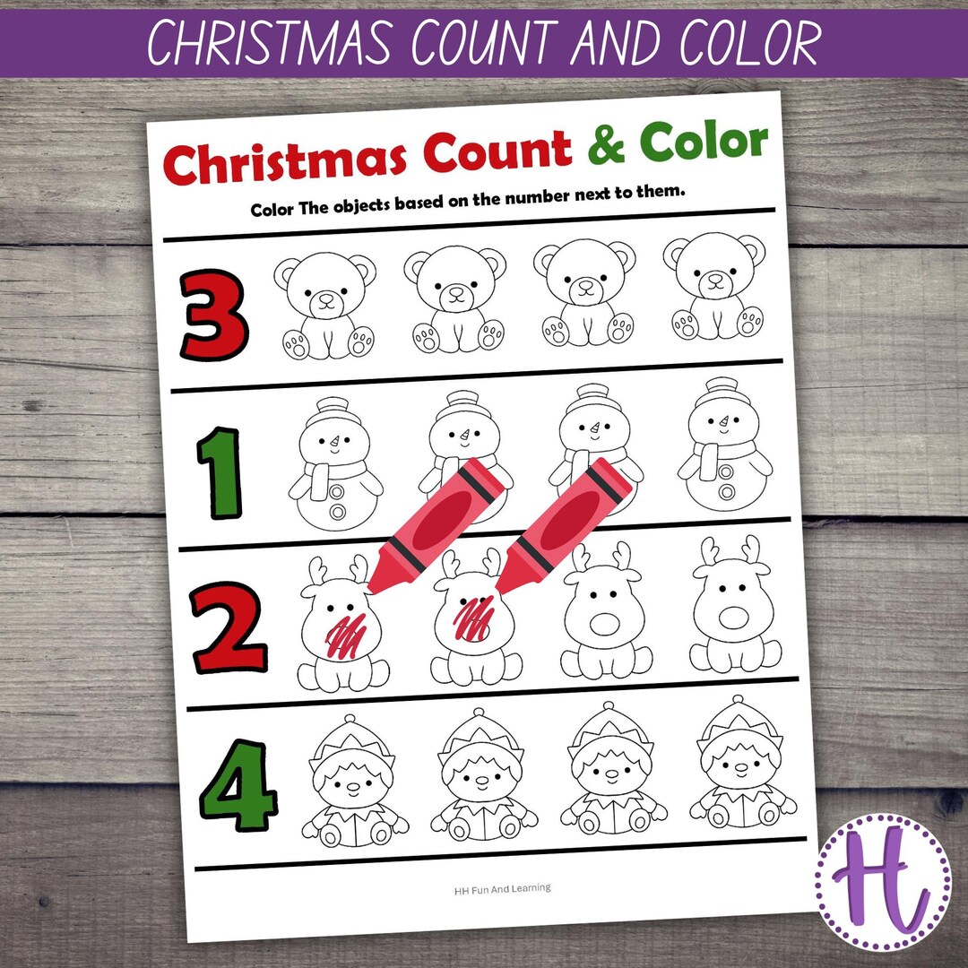 Christmas Count and Color Activity: Math Worksheet (PDF) - Etsy
