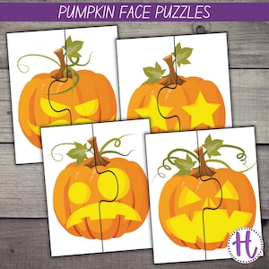 Printable Pumpkin Face Puzzles For Kids, Simple Halloween Activity for Preschool, Fun Printable Halloween Game For Toddlers