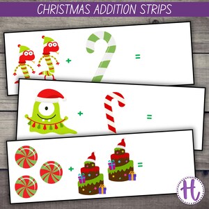 Può includere: Strisce di addizione natalizie con illustrazioni colorate. Le strisce presentano vermi dei cartoni animati, un mostro verde e caramelle, insieme a bastoncini di zucchero e una torta decorata. Il testo "CHRISTMAS ADDITION STRIPS" è in alto.