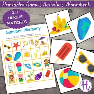 Summer Memory Game for kids, homeschool activities, kindergarten matching card game, printable memory matching game