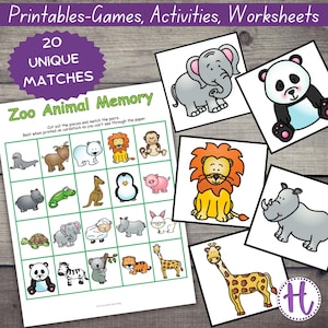 Zoo Animal Memory Game for kids, printable activities, matching card game, elementary kids game